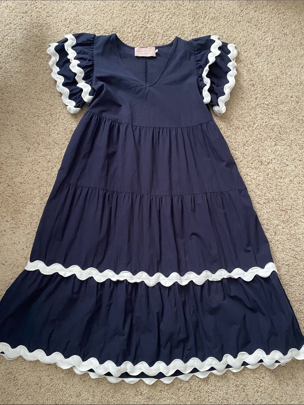 Navy Midi Dress with White Ruffle Trim
